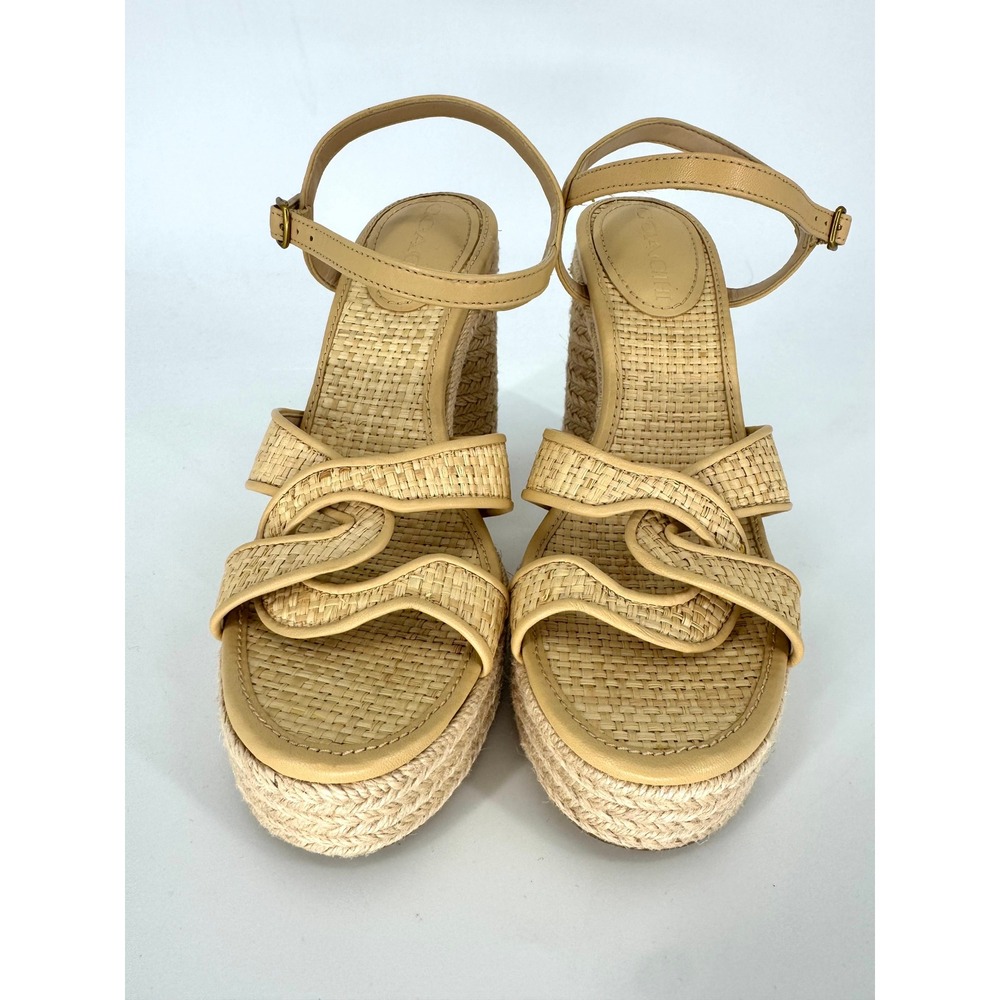 Coach Raffia Leather Platform Block Heel Sandals Tan Size 8 - Picture 2 of 9